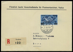 1.00 Fr. auf 40 Rp., Freimarke 1950 auf R-Ersttagsbrief von Vaduz 7 ...